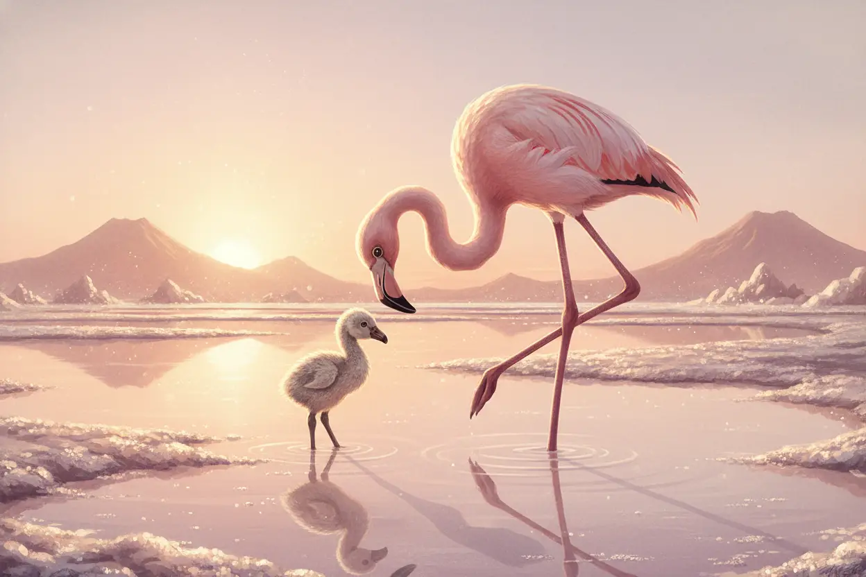 Mother Flamingo Watching Over Newborn Chick At Sunset