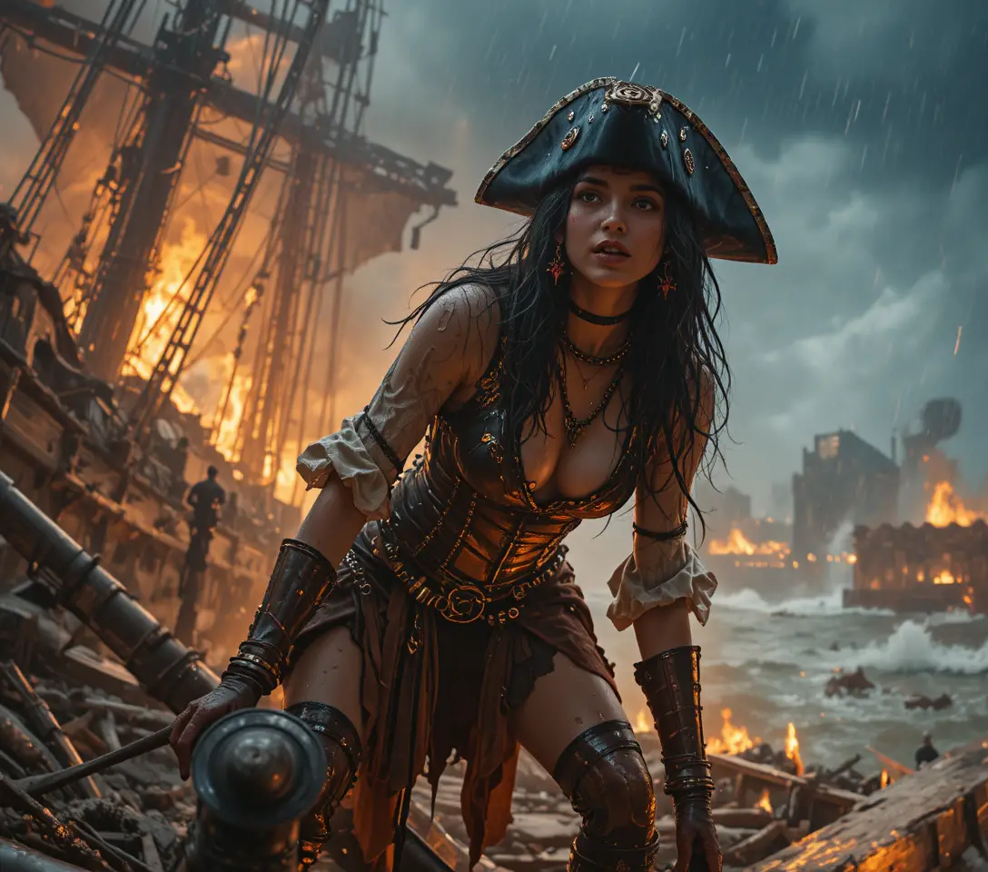 Young pirate captain on shattered warship before burning city