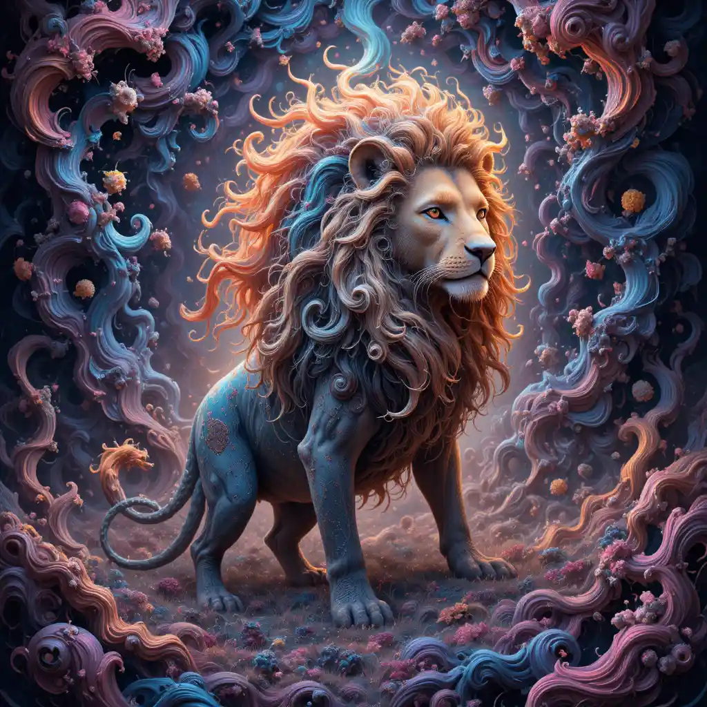Whimsical Lion In A Vibrant Fractal Dreamscape