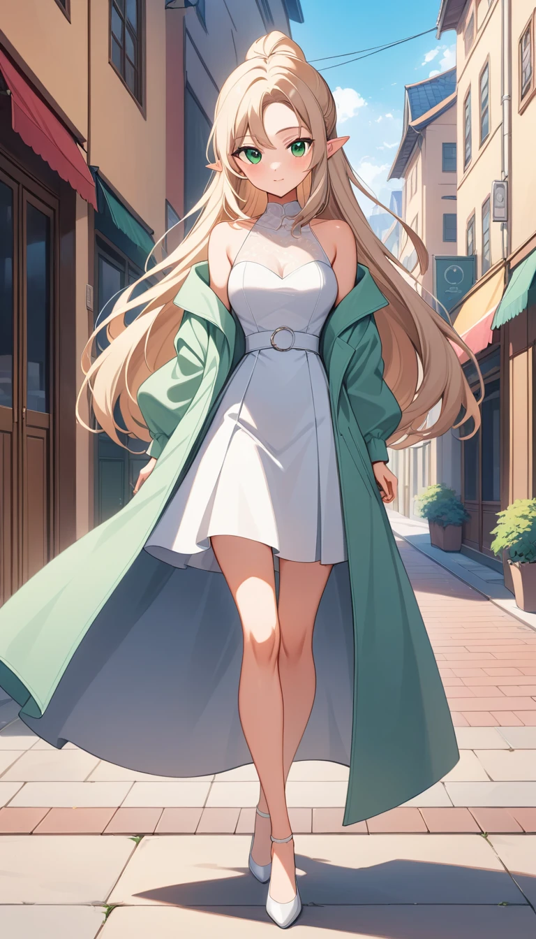 Elegante Anime-Frau im hellen Tageslicht im Freien