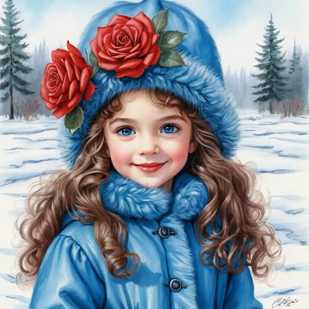 Smiling winter girl with roses in blue hat and fur coat