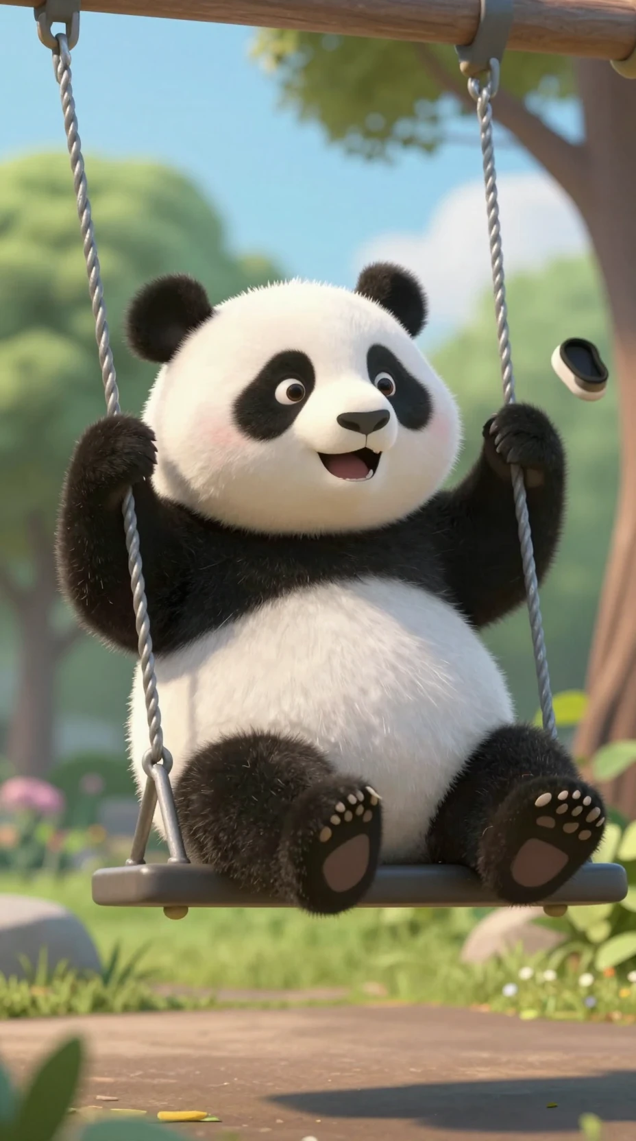 Tierno bebé panda columpiándose alto en un soleado parque infantil