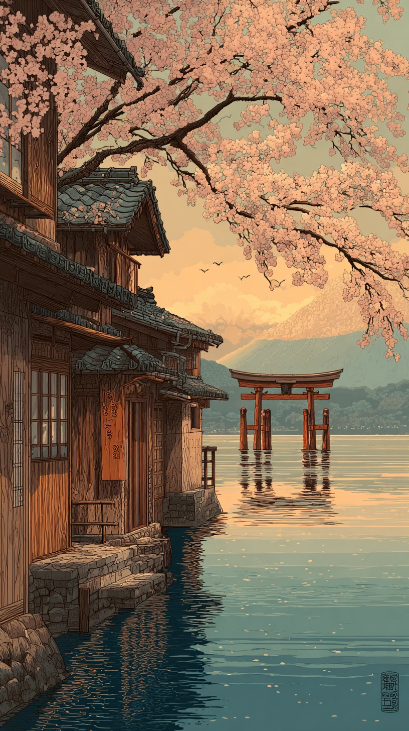 鳥居と桜のある日本の湖畔の村