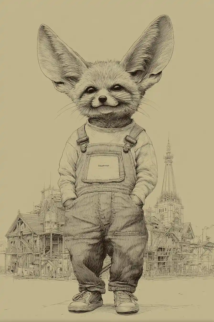 Cute fennec fox in denim overalls in a city scene