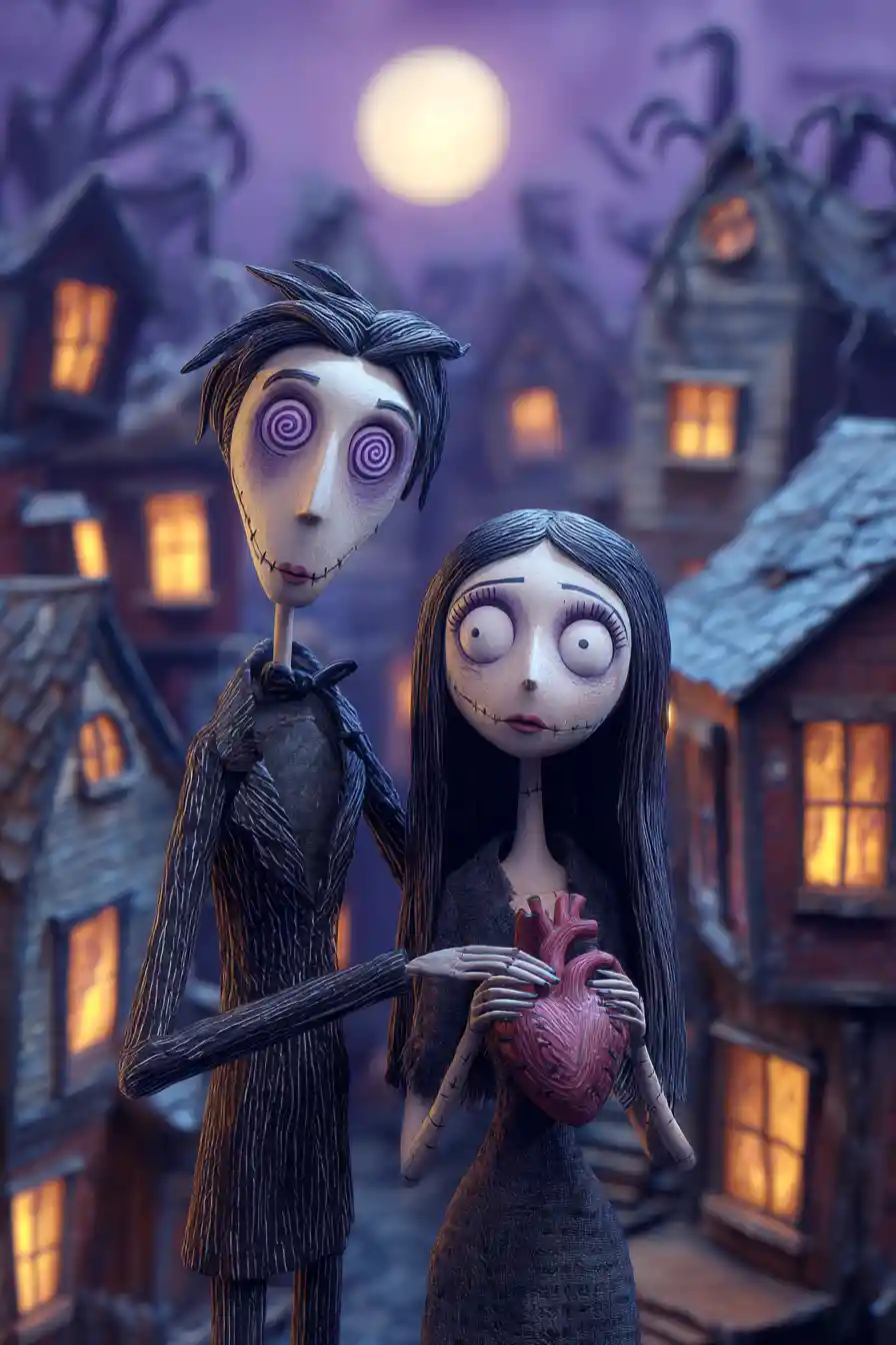 Whimsical gothic doll couple under a luminous full moon