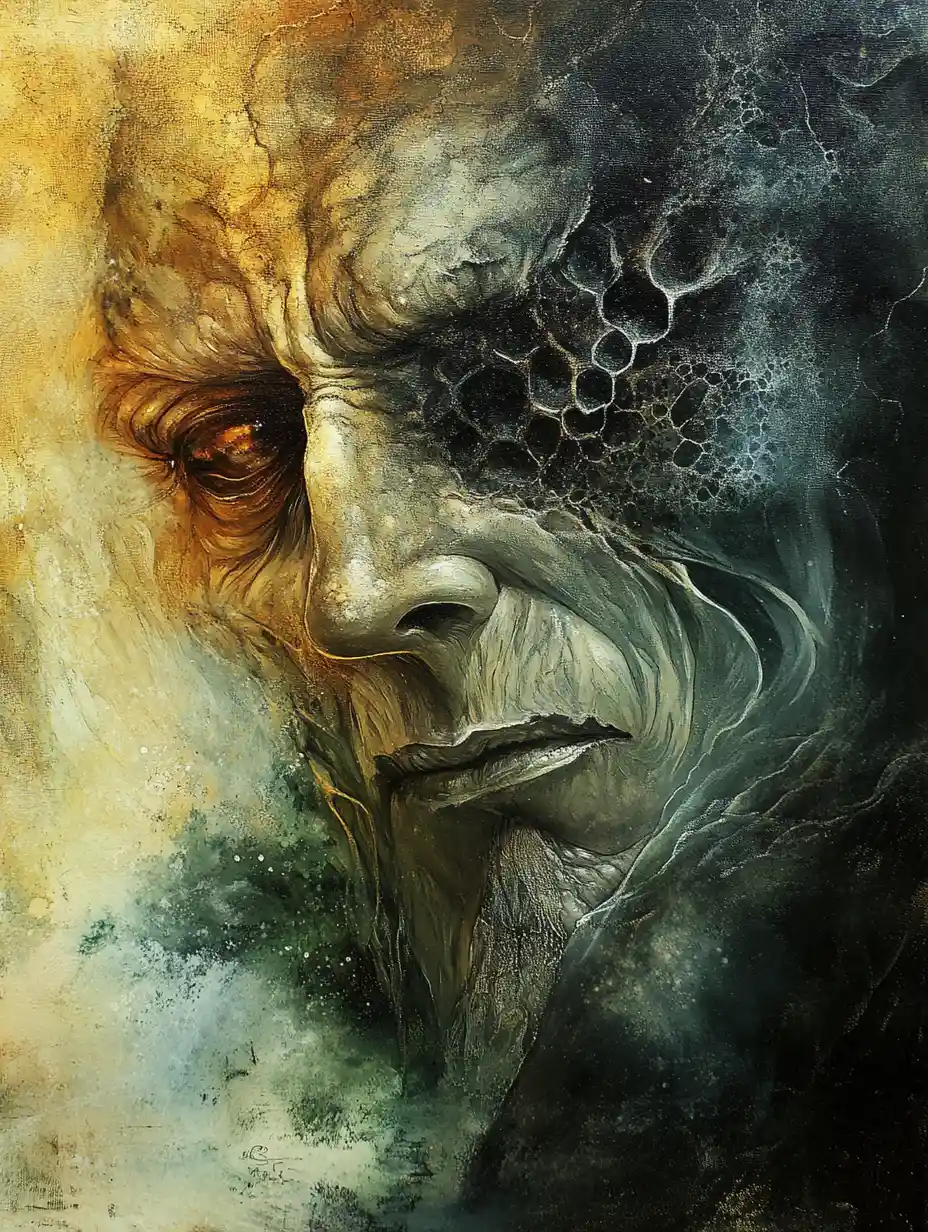 Man facing a dramatic clash of darkness and light