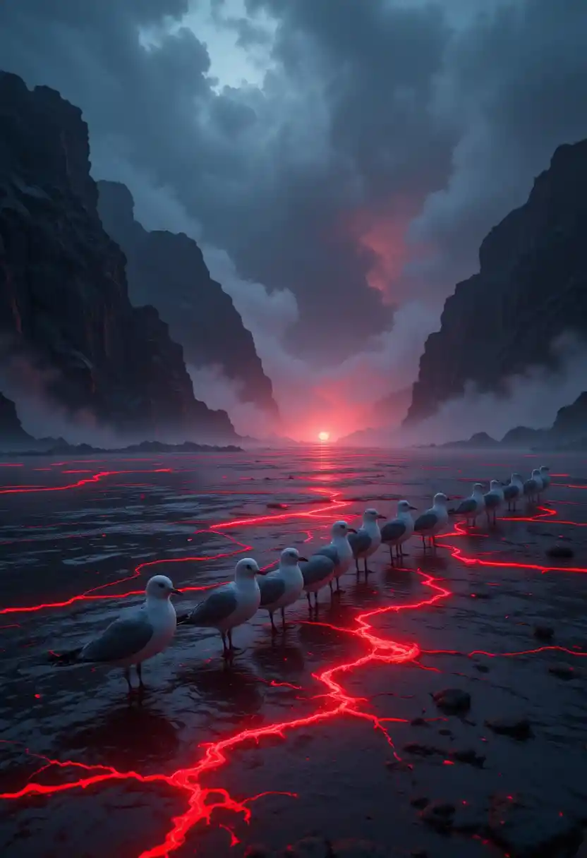 Mystical seagulls over glowing obsidian waters at night