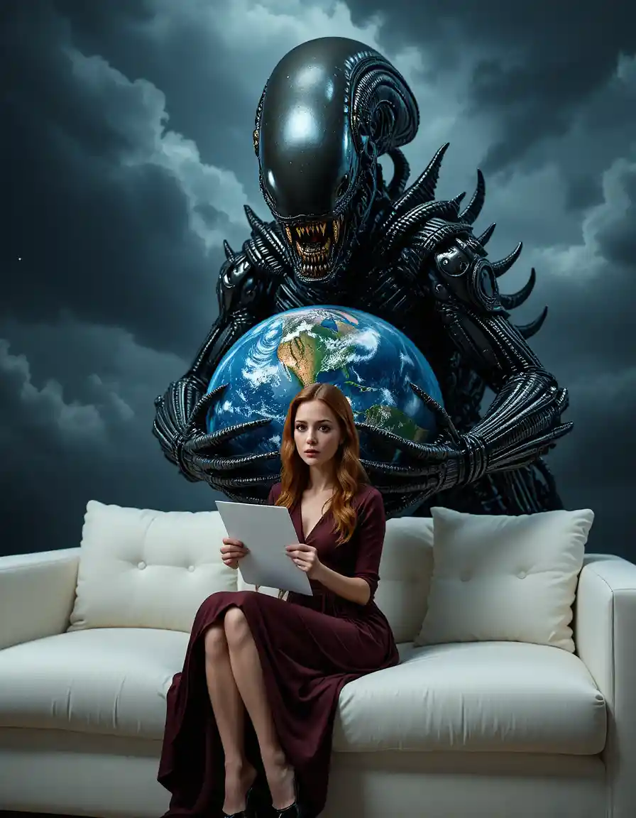 Alien creature embracing planet Earth in dark space