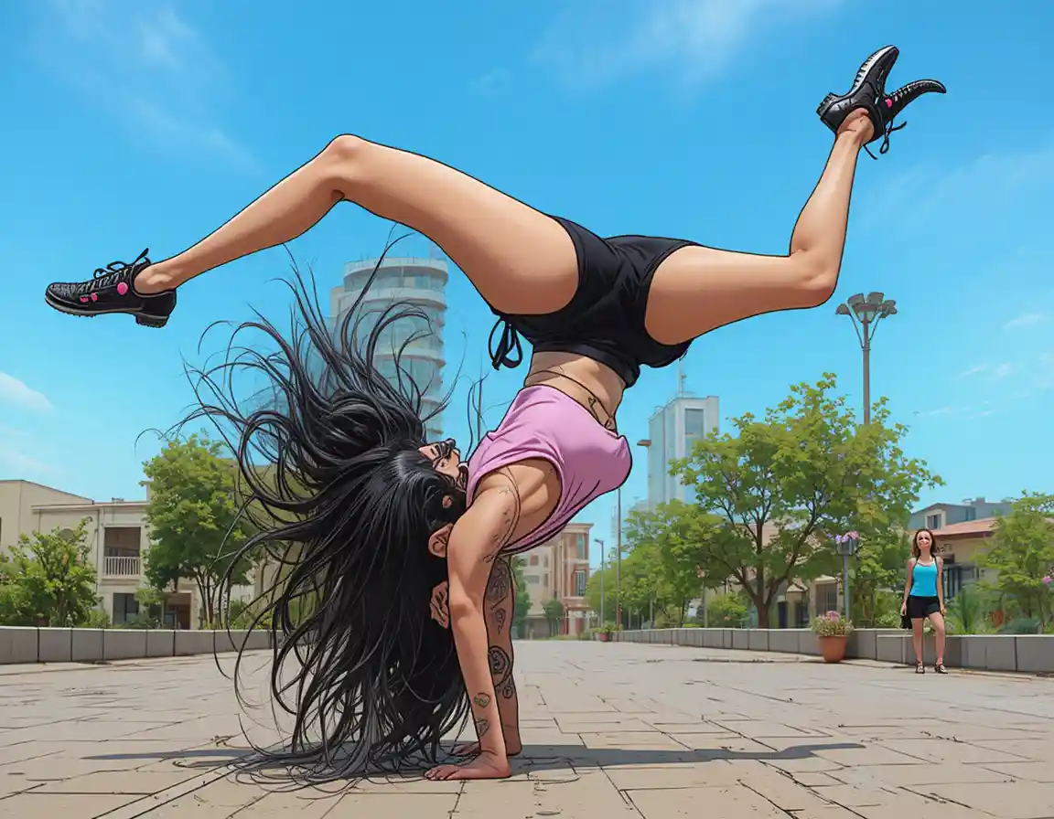 Young woman doing a headstand under a clear blue sky