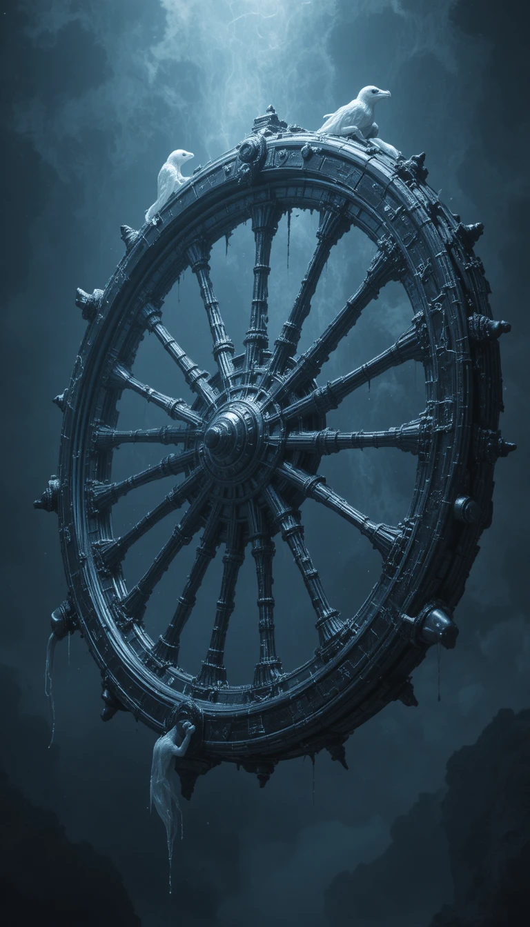 Ancient mechanical wheel of bone and metal drifting in void