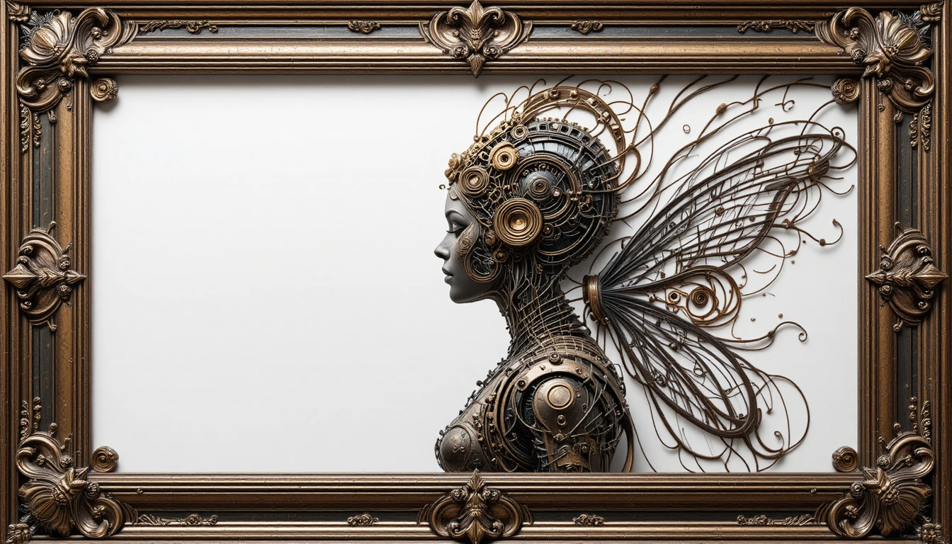 Baroque frame around a futuristic robot porcelain portrait