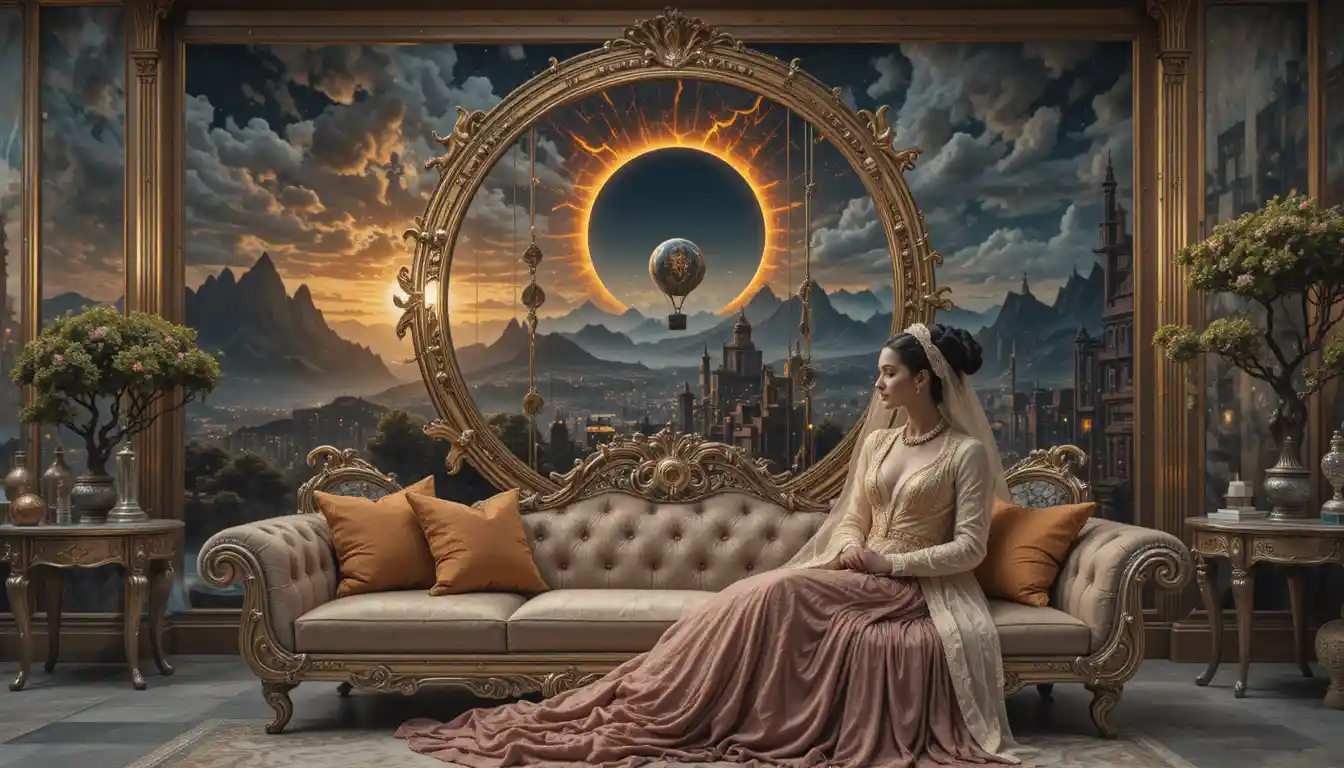 Futuristic baroque lounge with metal sofa and alien vista