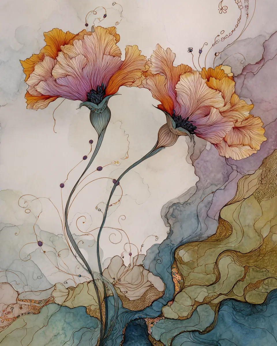Two flowers leaning together in a dreamy fantasy scene