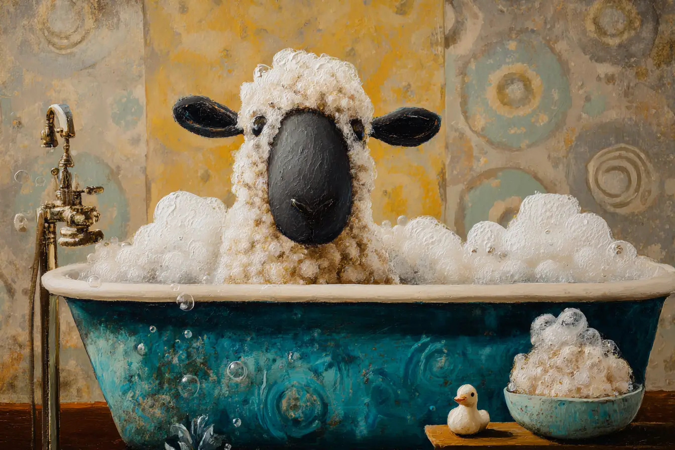 Whimsical sheep relaxing in a vintage bubble bath collage