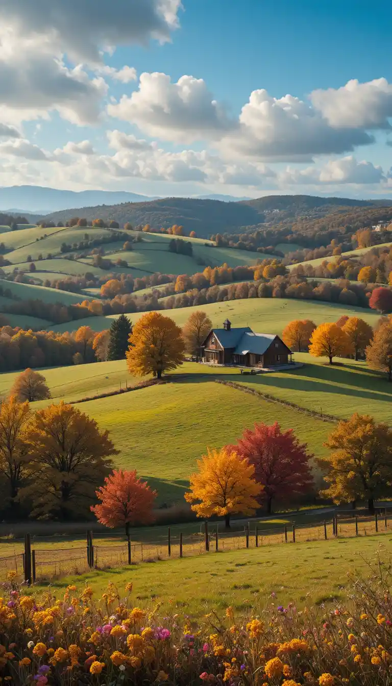 Bauernhof auf dem herbstlichen Land mit sanften Hügeln und Hofblick