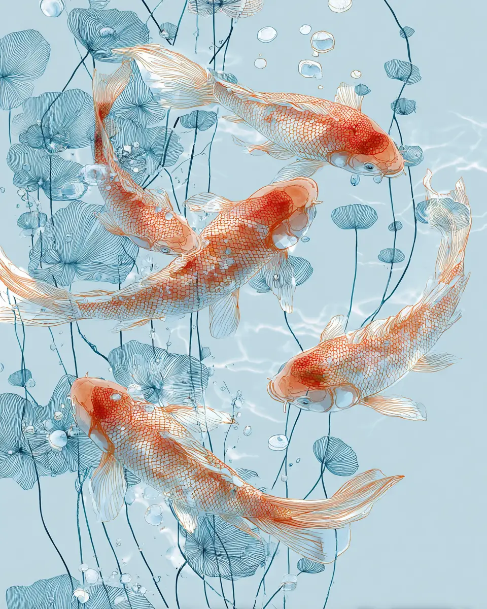 Graceful koi swimming beneath a calm early summer pond