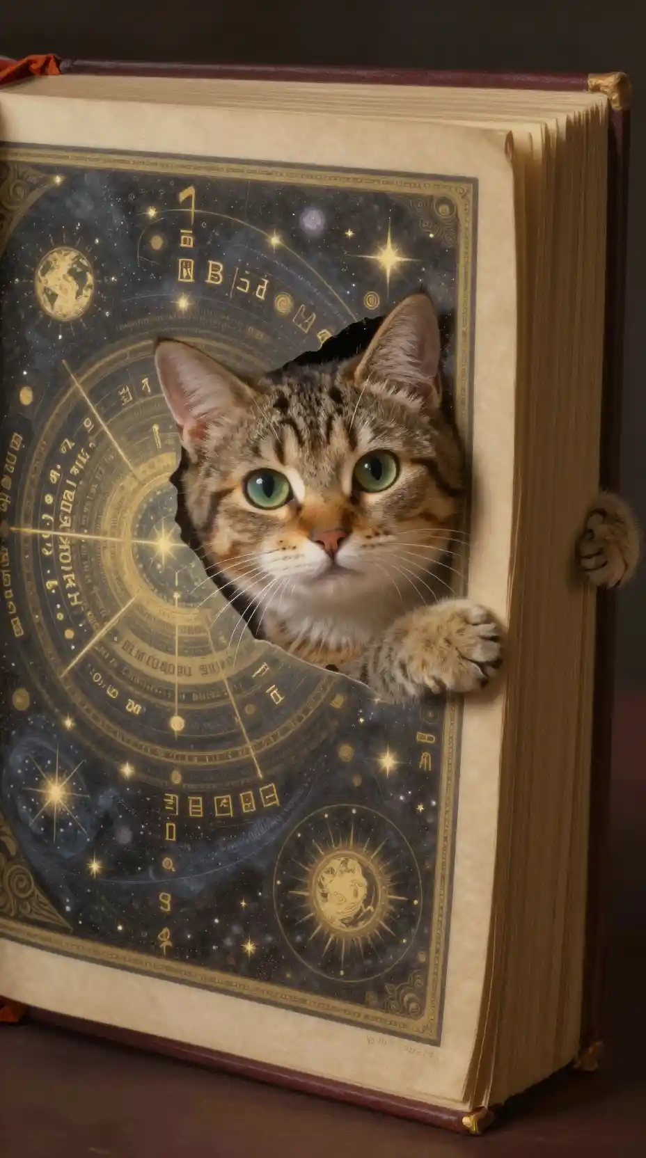 Neugierige Katze, die sich hinter einem uralten magischen Buch versteckt