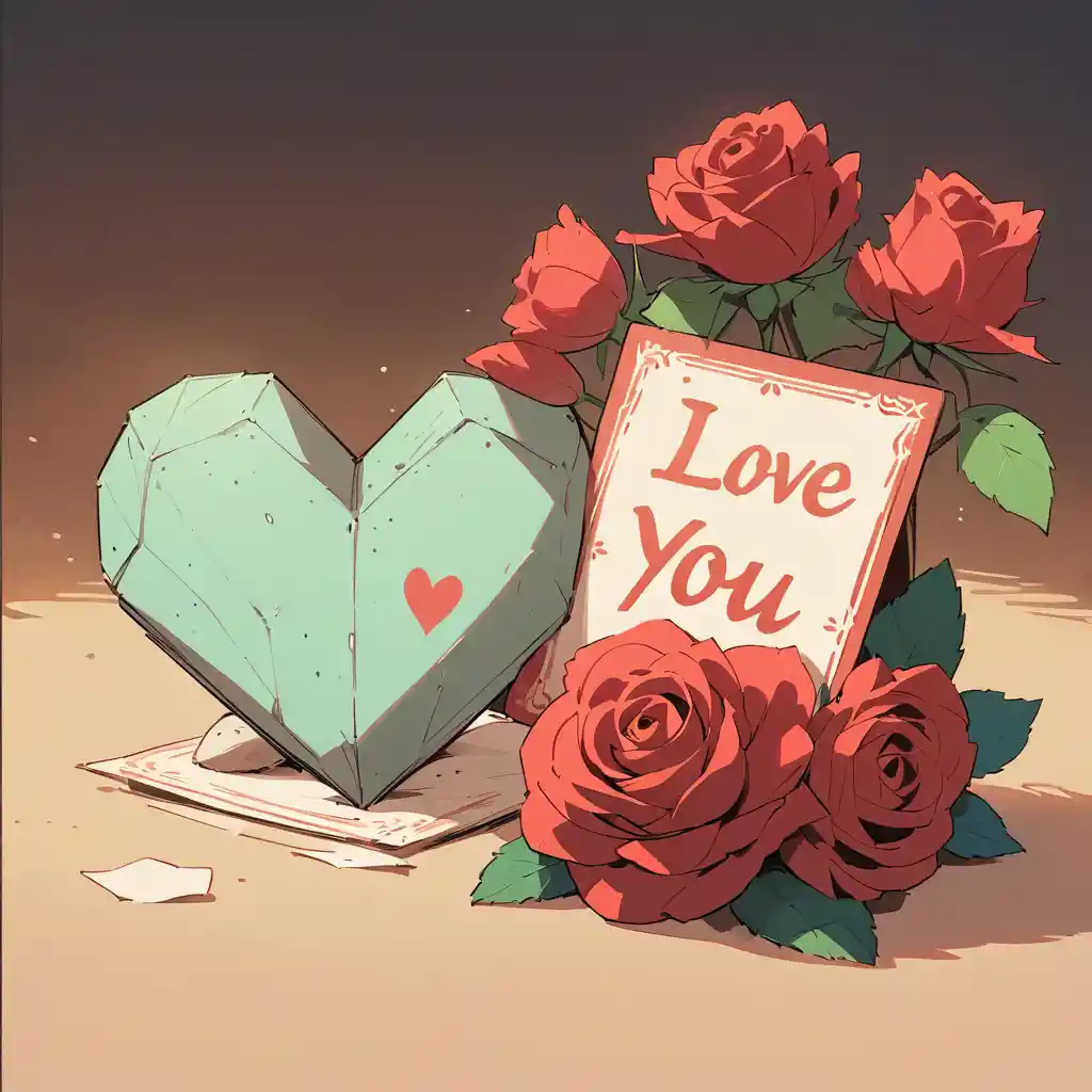 Biglietto carino e cuore origami con romantico bouquet di rose