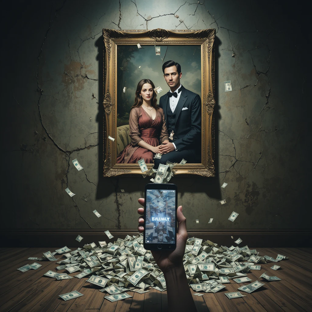 Family portrait shredding into money and social media likes