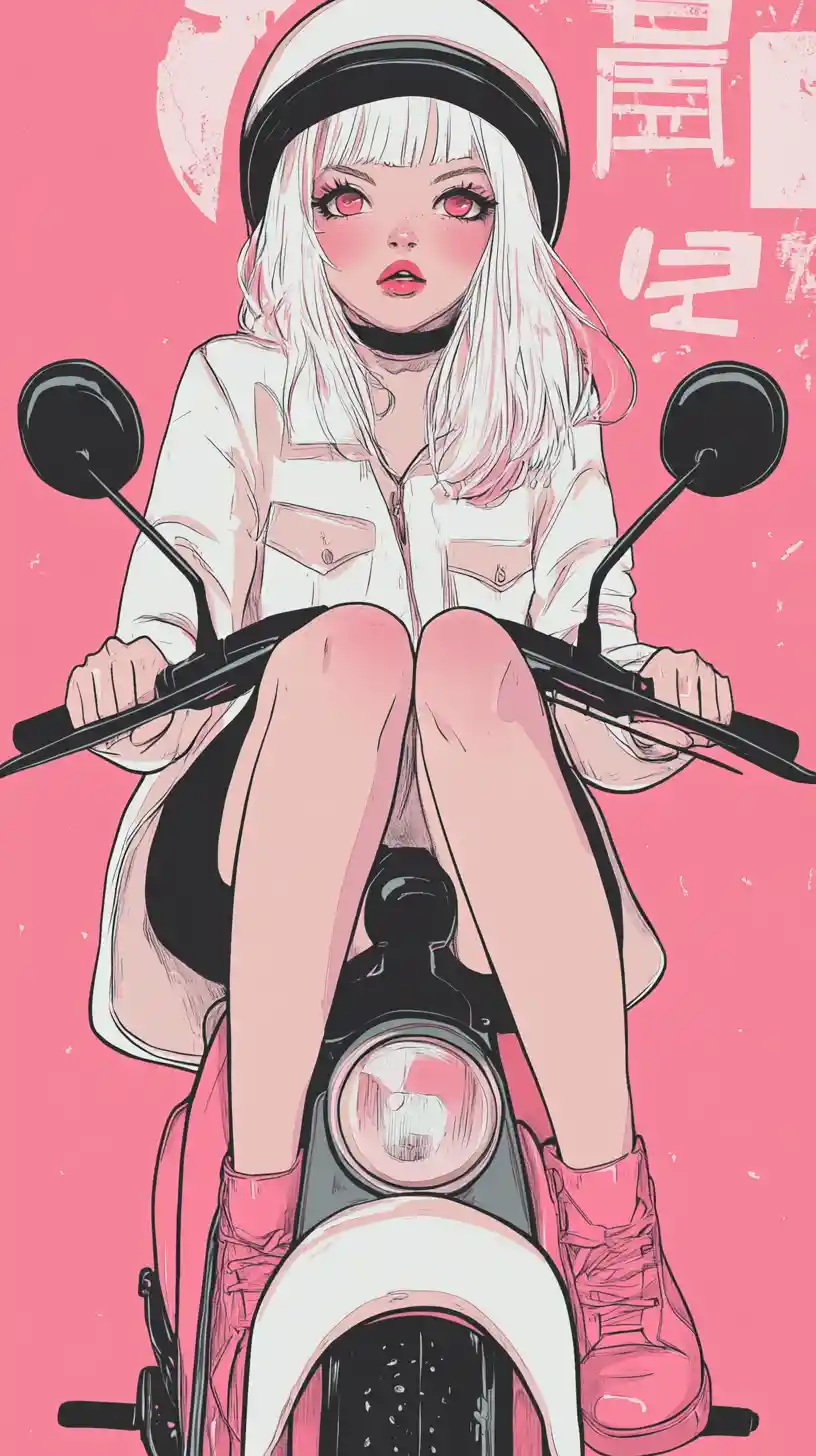Anime girl on retro scooter with bold pink background