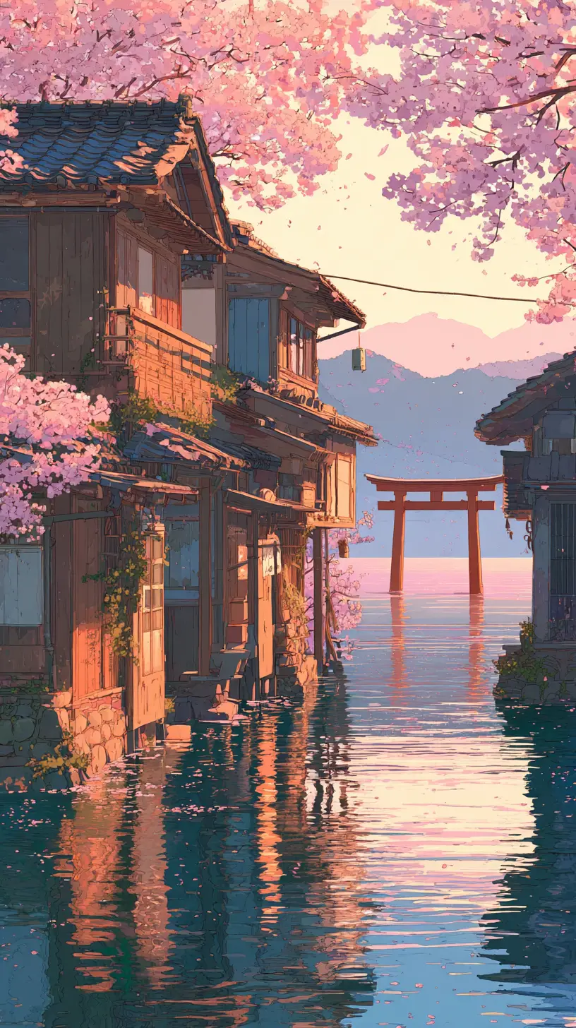Japanese lakeside village with torii gate and cherry blossoms