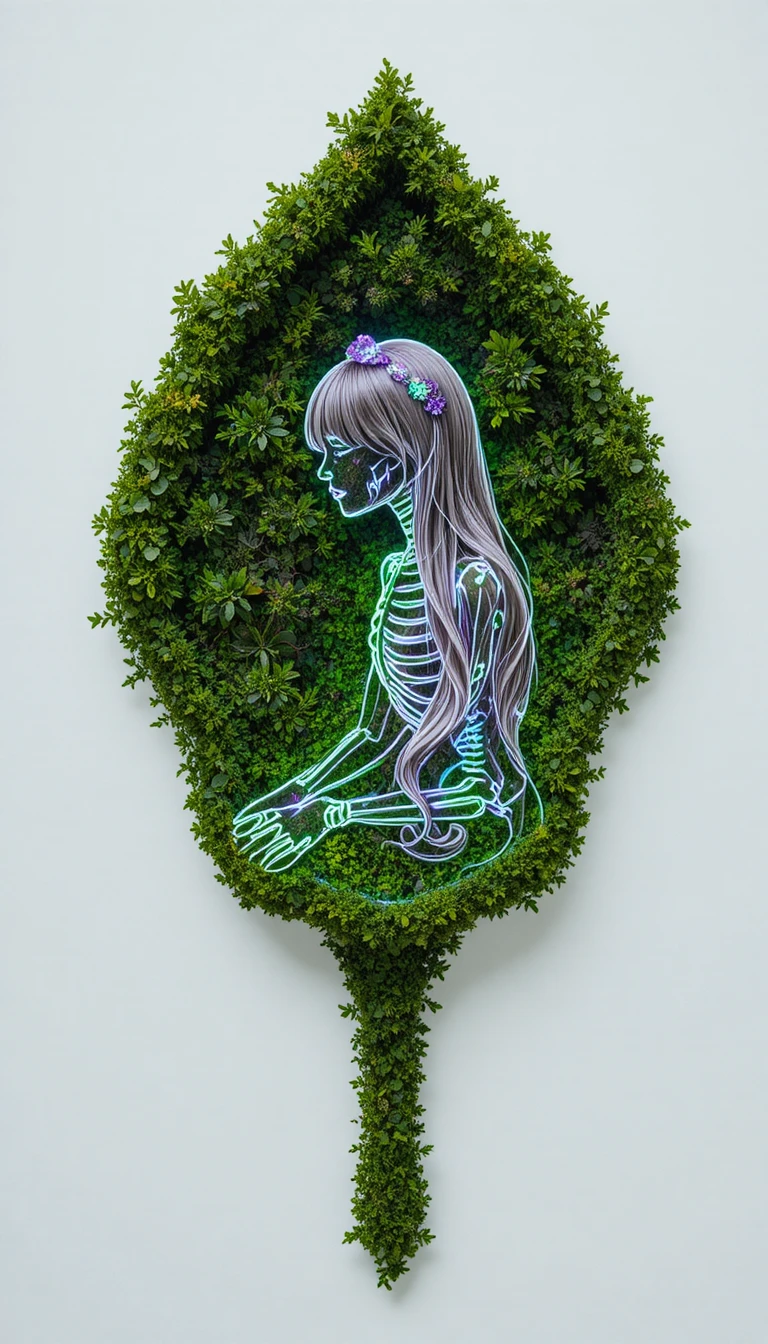 Neon skeleton silhouette of a girl within moss flower