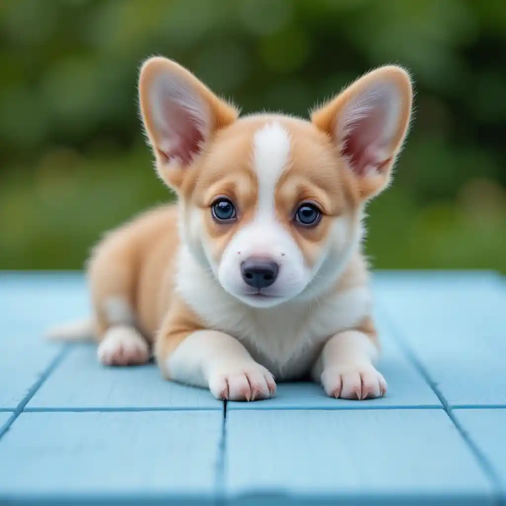Dolce cucciolo di corgi che riposa su una superficie di legno azzurra all’aperto