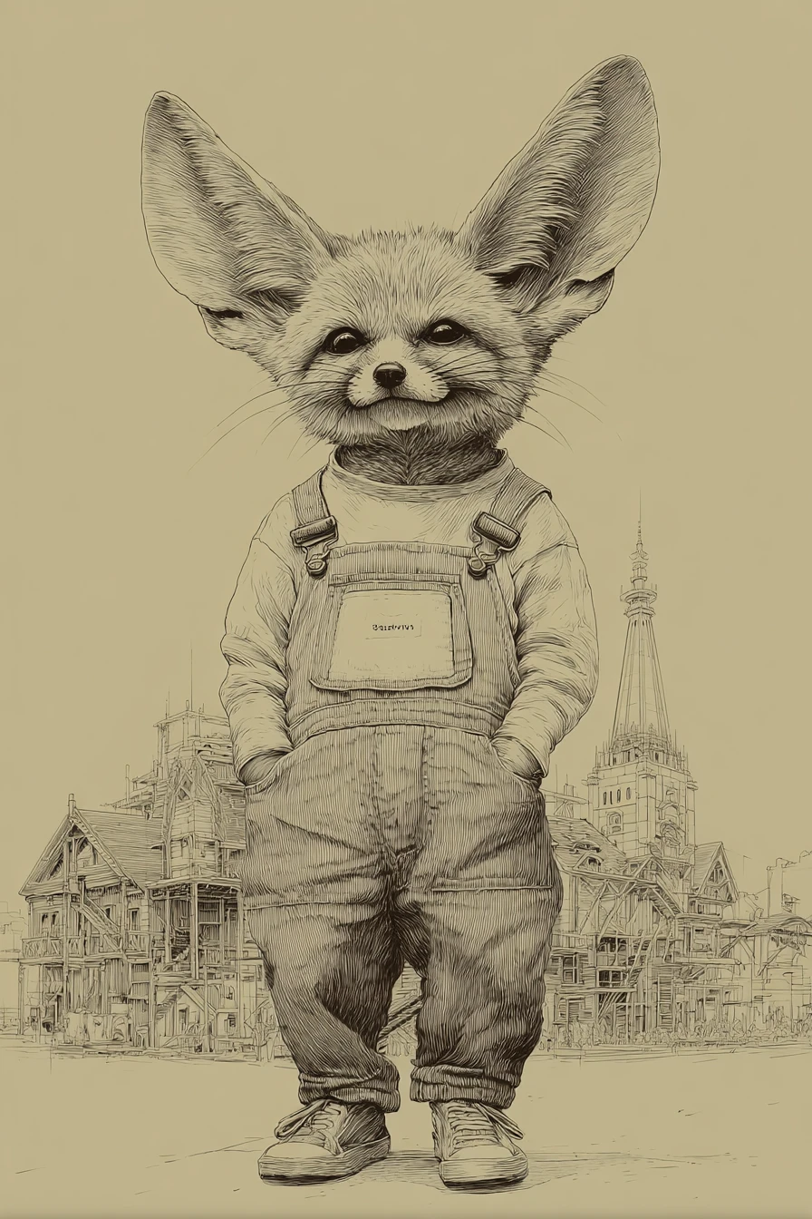 Cute fennec fox in denim overalls in a city scene
