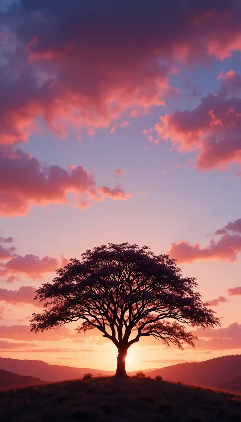 Lone tree silhouette at sunset over rolling hills