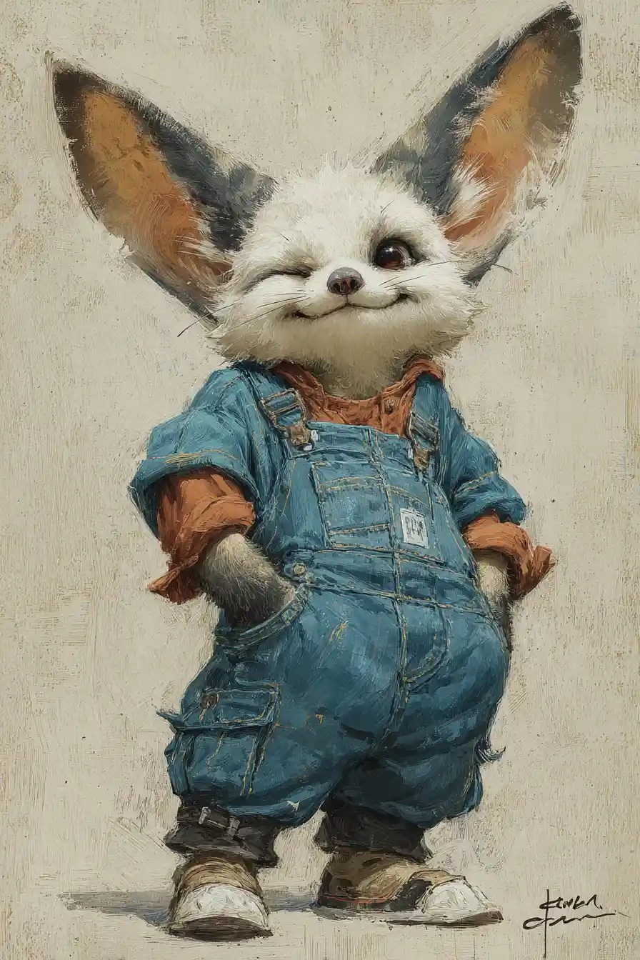 Cute fennec fox in denim overalls in a city scene