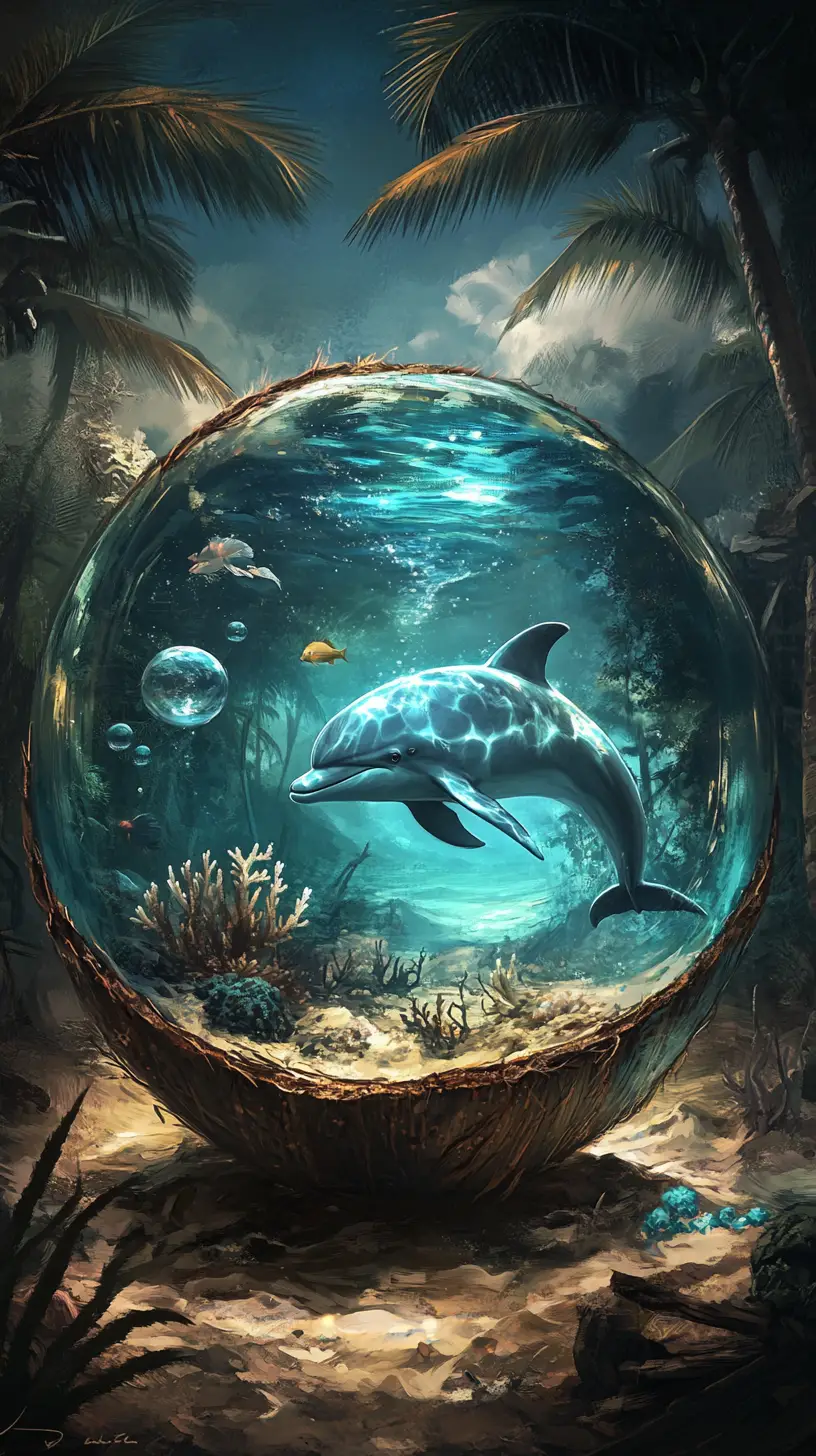 Ghostly dolphin in a glass coconut aquarium shore