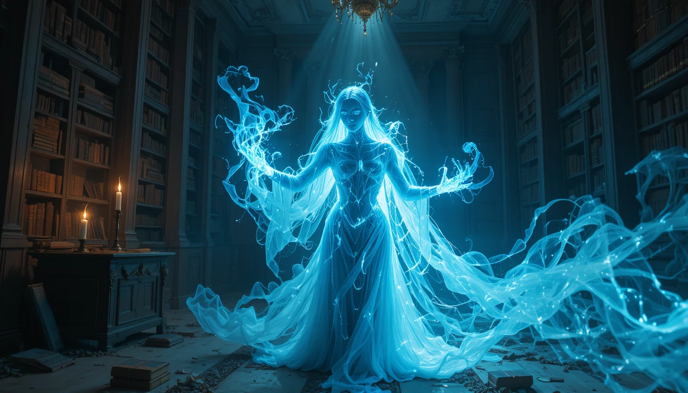Mago fantasmal lanzando magia que distorsiona la realidad en una biblioteca oscura