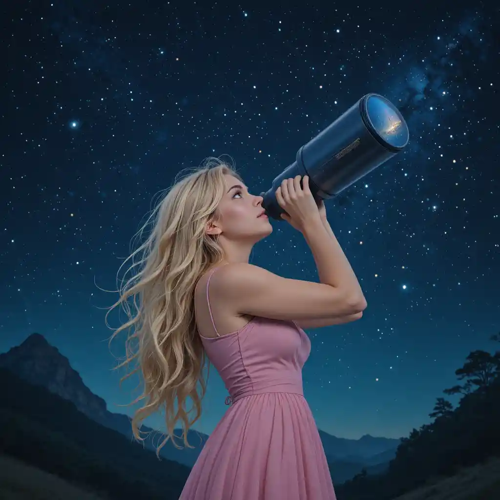 Blonde woman in pink dress stargazing through a telescope