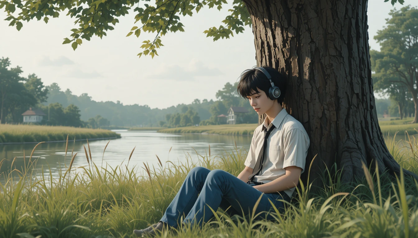Teenage boy resting under a riverside tree with headphones