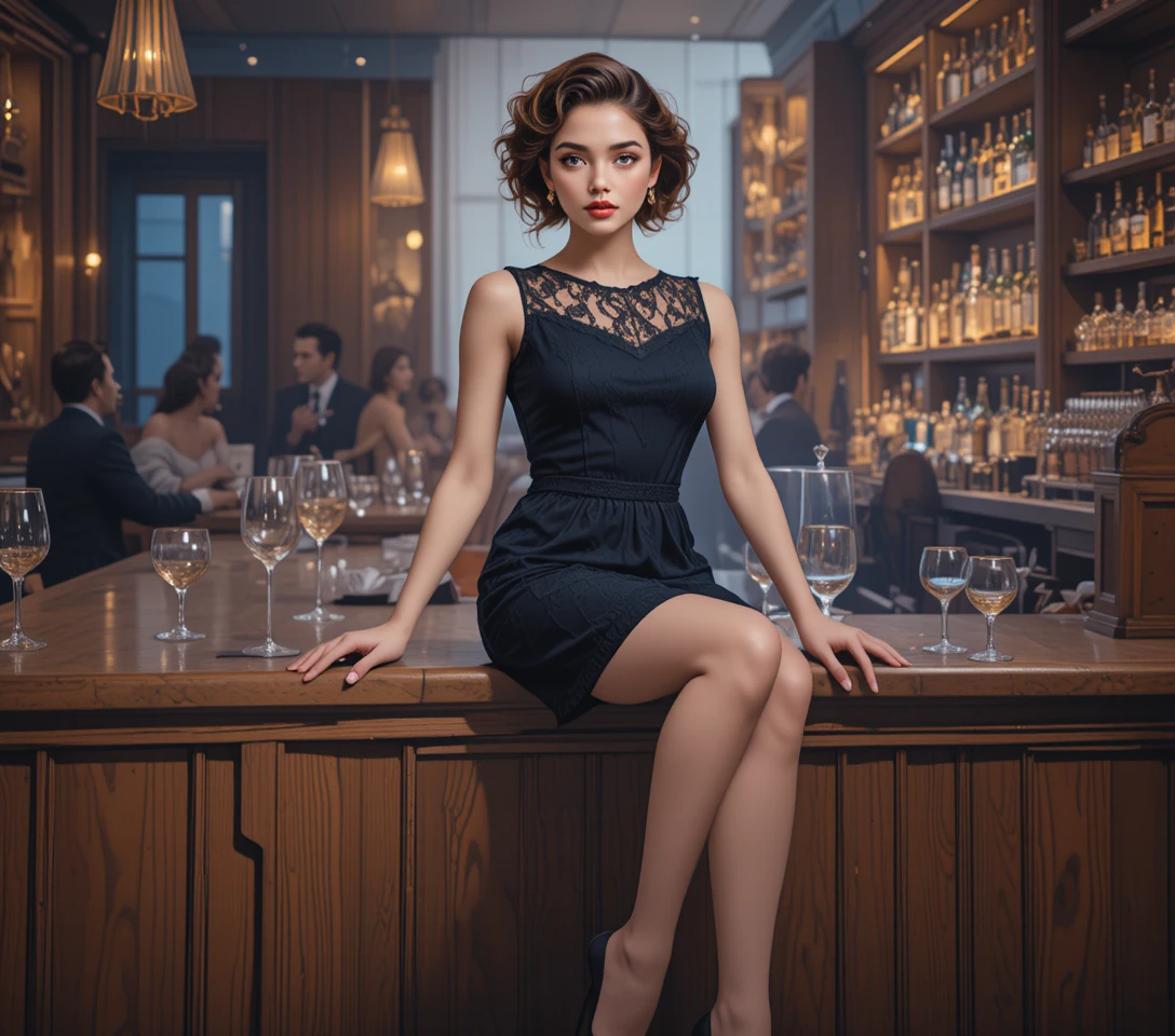 Mature woman posing on a wooden bar in evening light