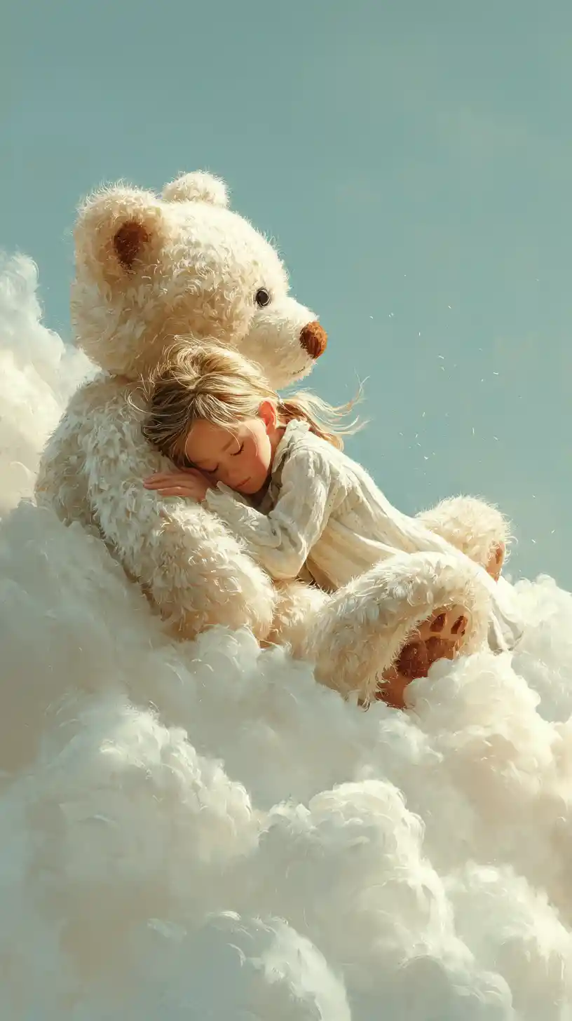 光る雲の上で眠る少女とテディベア