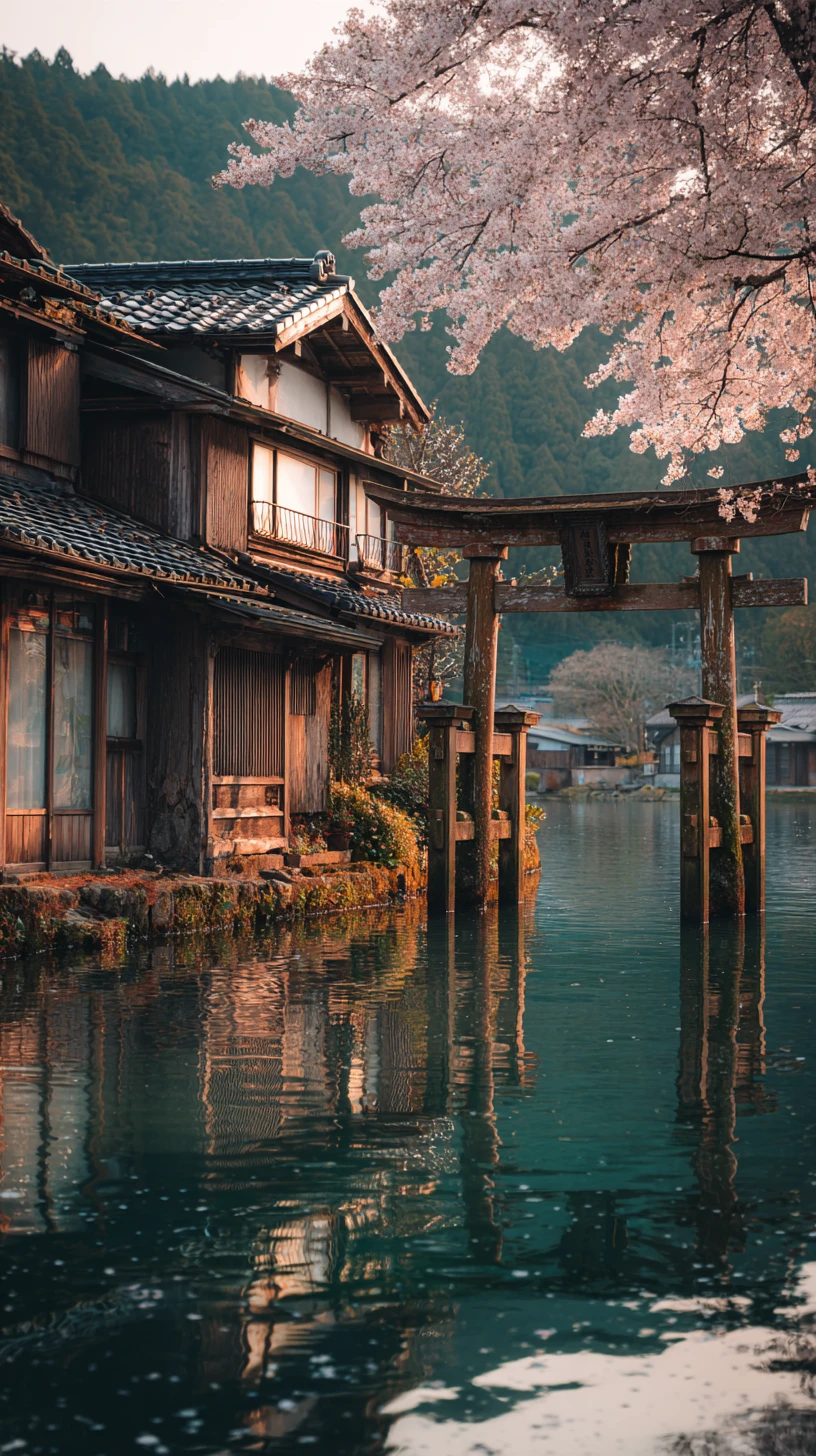桜咲く静かな日本の湖畔の村