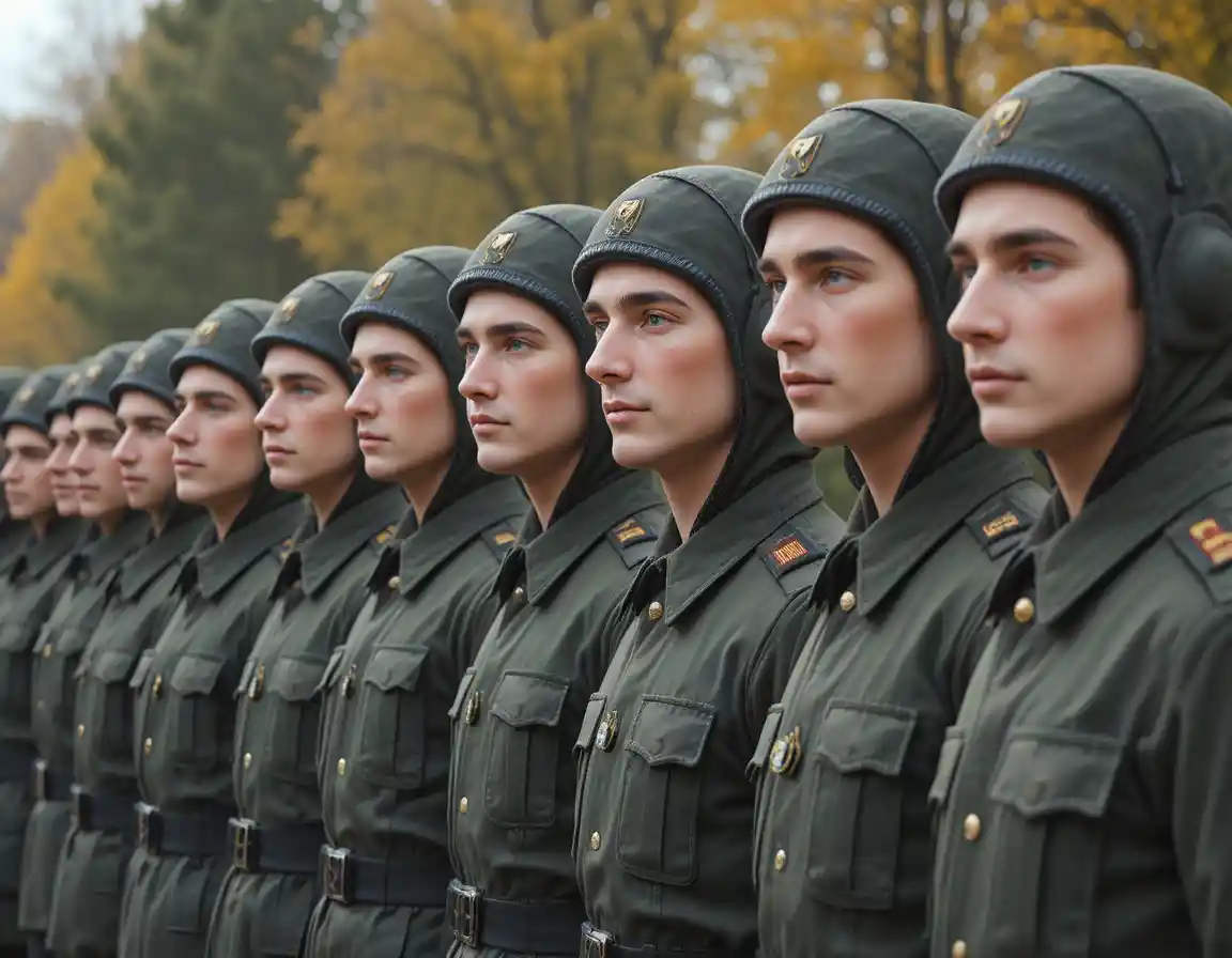 Young soldiers in green coats standing in formation outdoors
