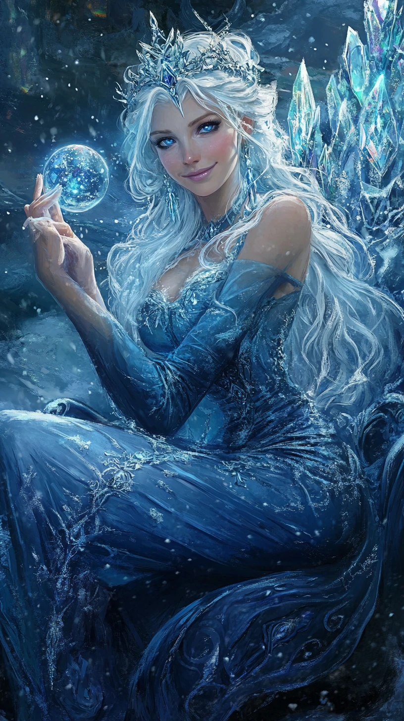 Ethereal ice queen on a frozen throne with snow globe