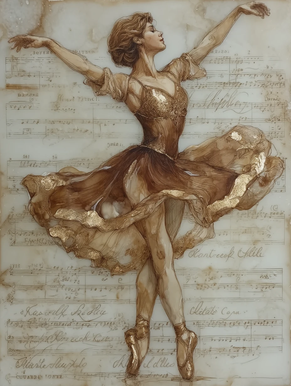 Graceful ballerina silhouette in soft watercolor on music paper