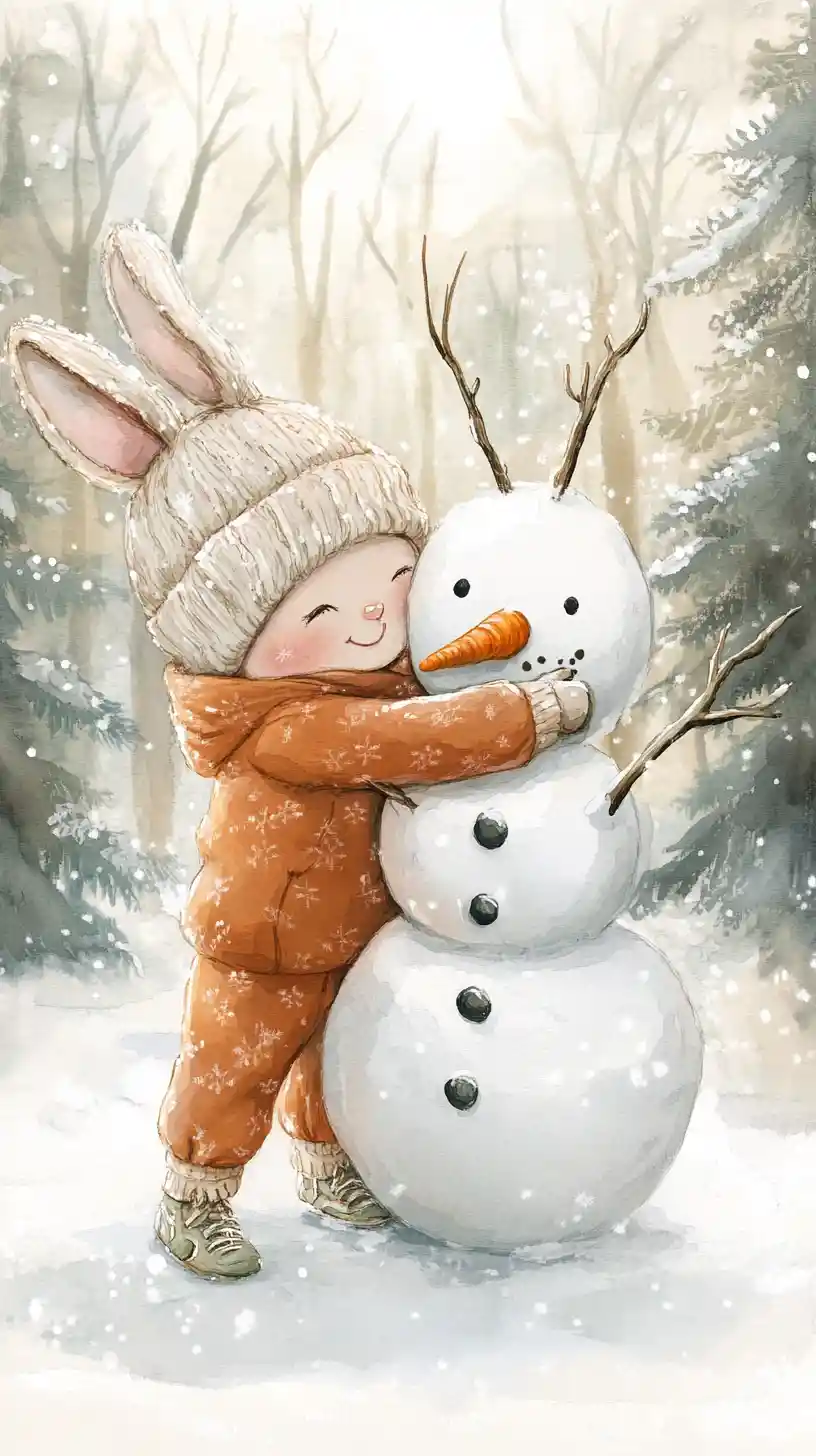 Conejo Abrazando a un Muñeco de Nieve en un Bosque Invernal Pacífico