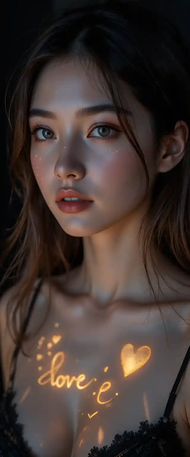 Cinematic close up of young woman with glowing love lights