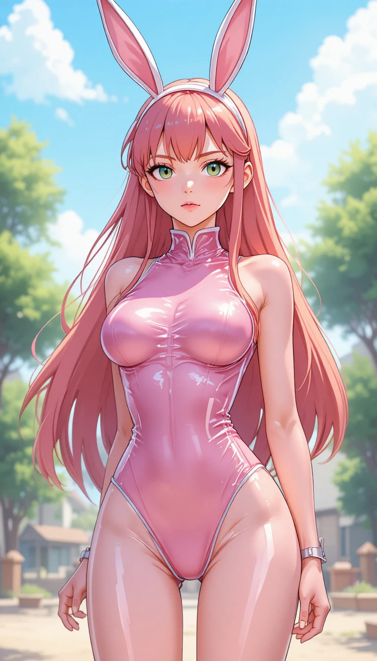 Anime woman in pink bunny outfit under bright daylight