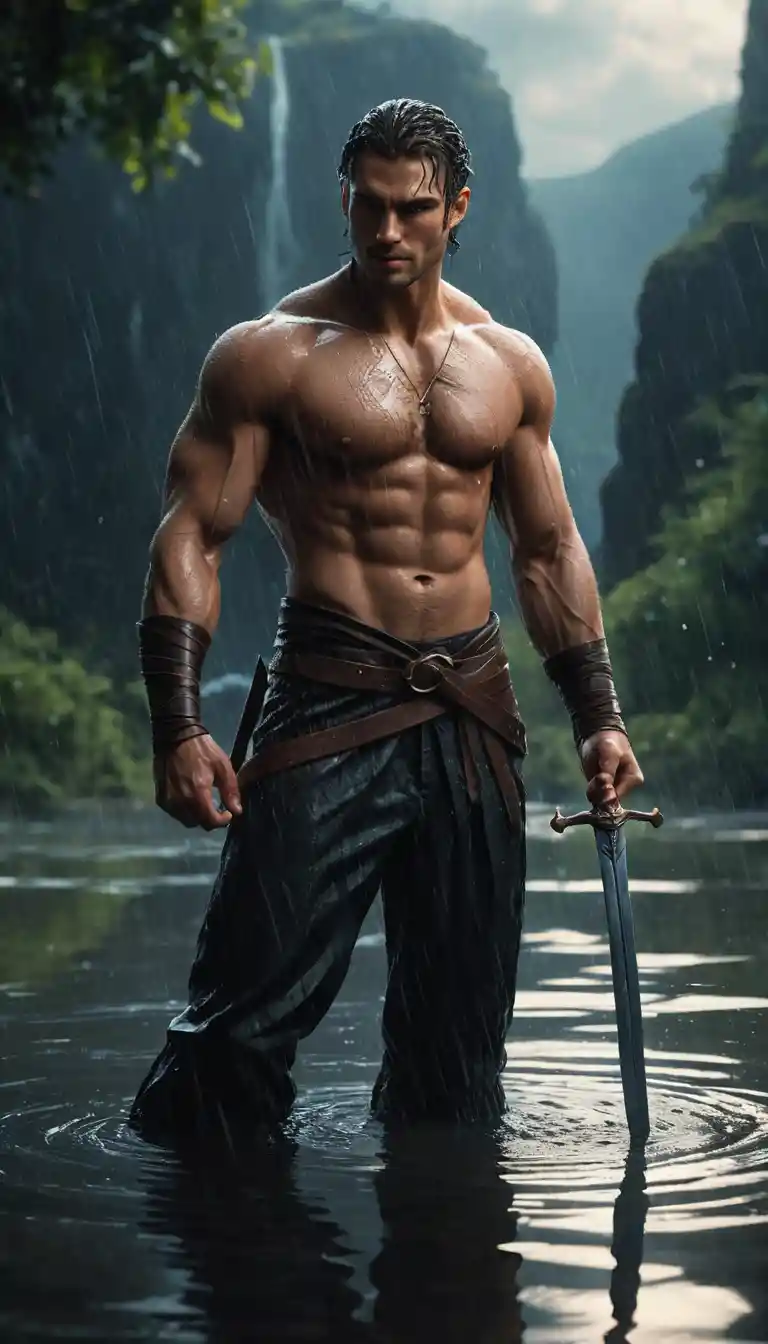 Shirtless warrior kneeling in water raising a sword