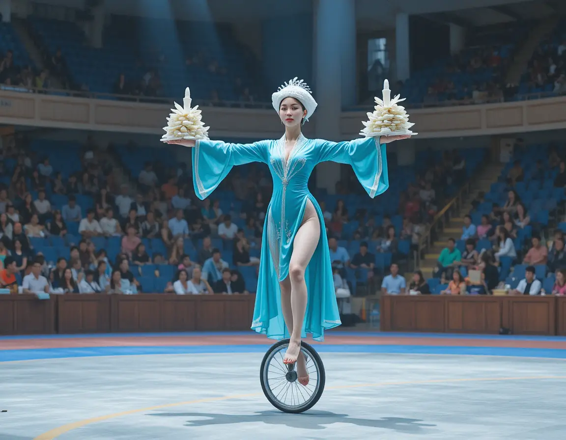 Asian woman balancing on unicycle in a turquoise dress