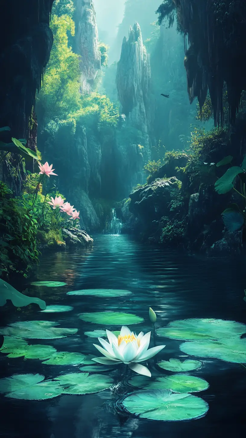 Mystic turquoise silence rising from a fantasy pond
