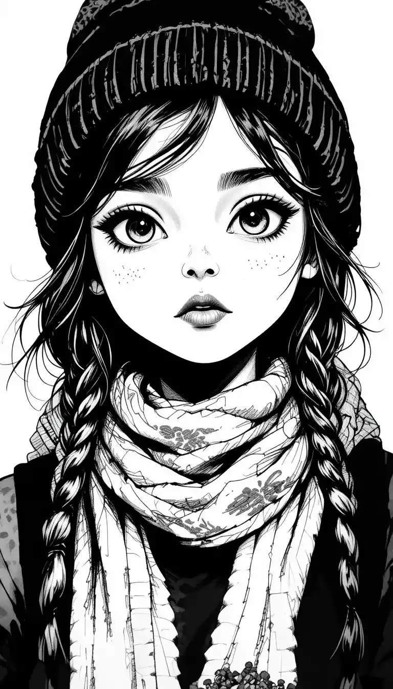 Black and white pencil portrait of a girl in beanie