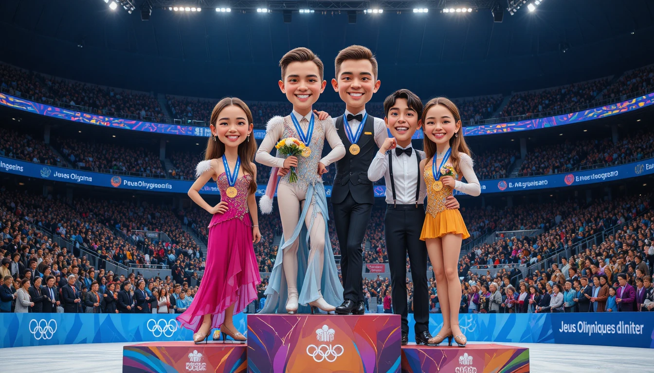 Figure skaters celebrating medals on olympic podium stage