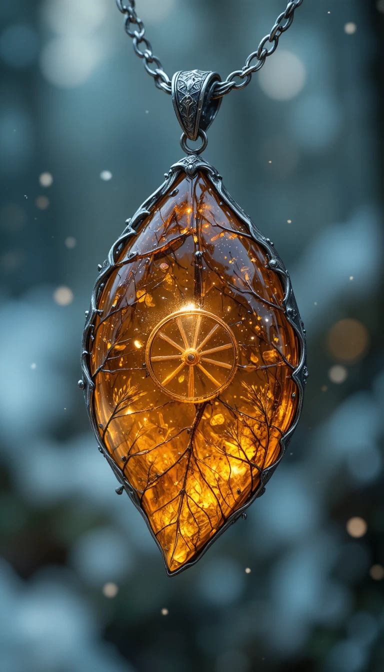 Close up amber leaf pendant on a half elf bard