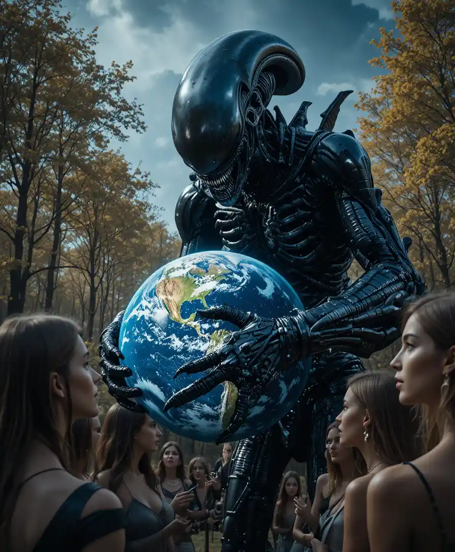 Young women stare in shock at a towering alien creature